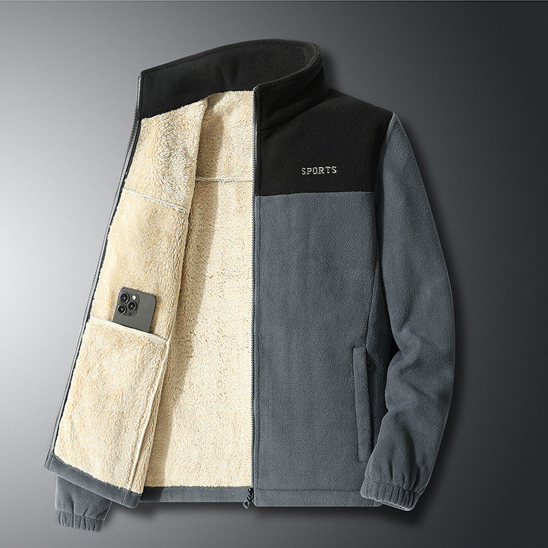 Farbabstimmender Fleece-Pullover für Herren Herbst- und Winterjacke Bestickter dicker Cardigan Doppelseitige Polar-Fleecejacke für Herren