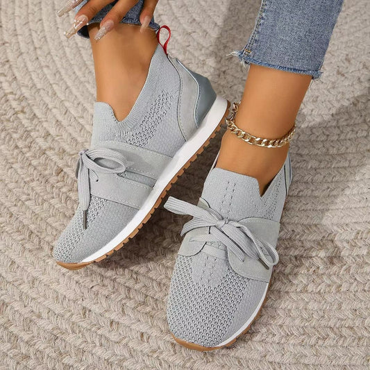 Nouvelles chaussures plates à lacets en maille pour femmes, chaussures de marche compensées respirantes et décontractées