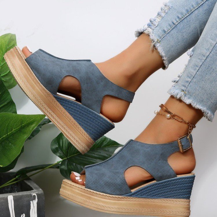Peep Toe Sandalen Frauen Keilabsatz Plattform Schnalle Schuhe Sommer