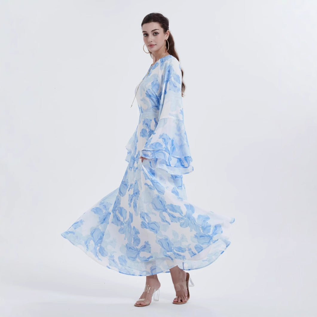 Muslimisches Chiffonkleid mit bedruckten Glockenärmeln