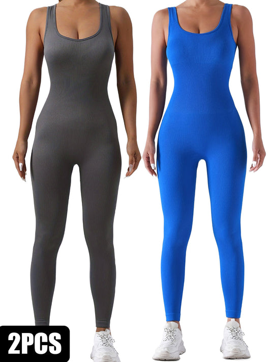 2er-Pack gerippter, einfarbiger Einteiler-Jumpsuit für Damen, figurbetonte, sinnliche Activewear, klassische, ärmellose Hose in voller Länge für sportliche Freizeitkleidung