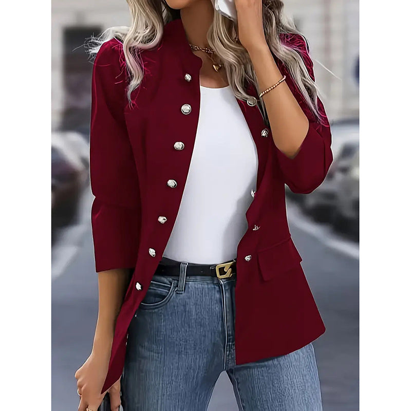 Women's Open Front Mock Neck Double Breasted Long Sleeve Blazer Business Jacket