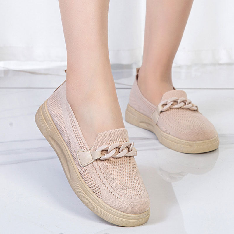 Flache Schuhe mit Kette für Damen, bequeme Slip-On-Schuhe mit runder Spitze