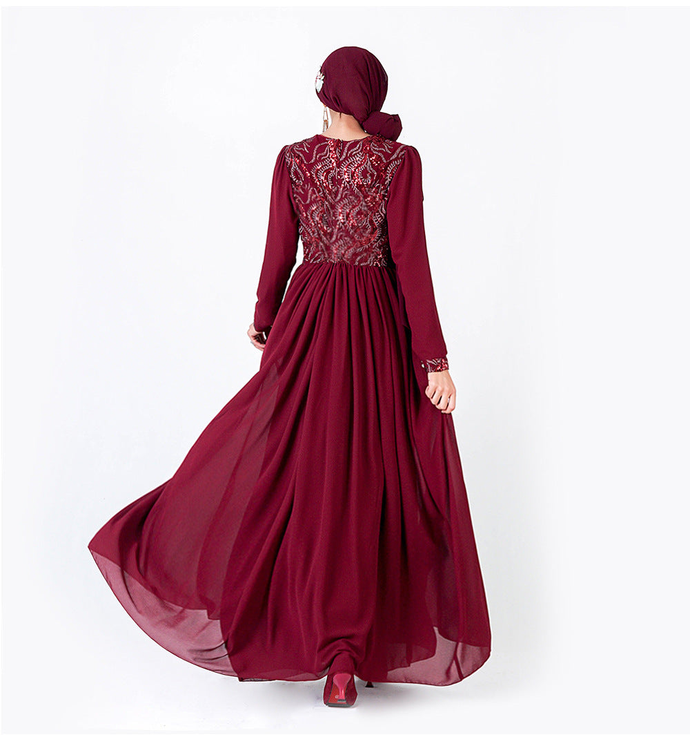 Robe longue musulmane brodée en dentelle à manches longues