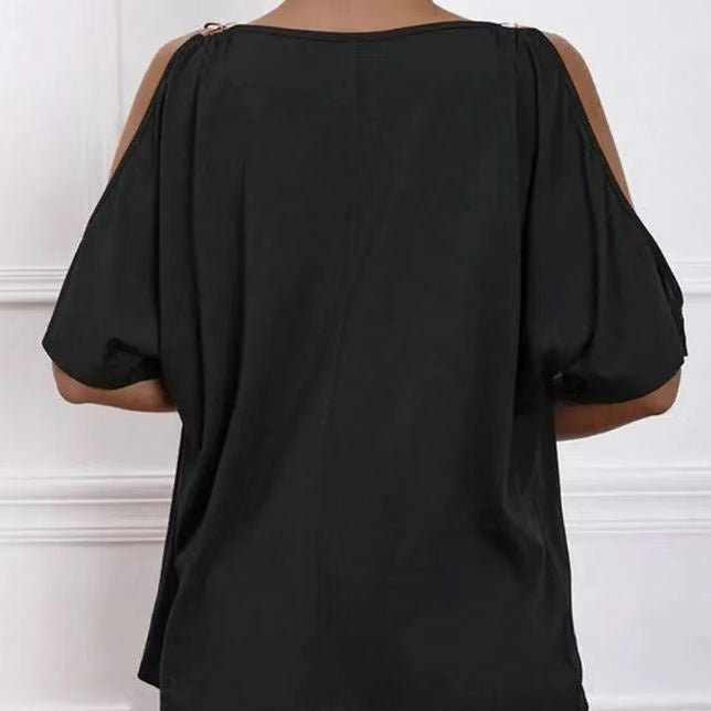 Einfarbiges T-Shirt-Oberteil für Damen mit kaltem Schulterkragen und O-Ring-Detail 