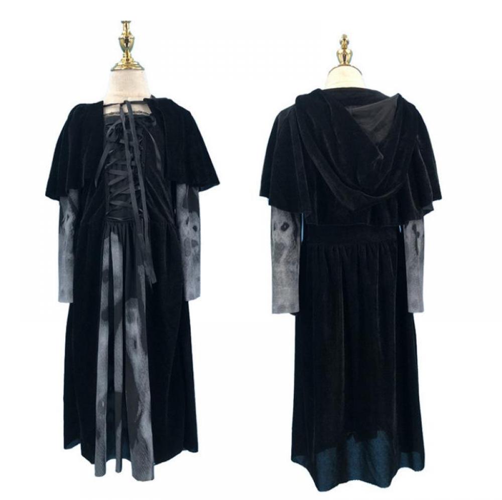 Halloween Femmes Médiéval Gothique Sorcière Maléfique Horreur Peur Costume Cosplay Fête Carnaval Fantôme Longue Robe Noire à Capuche