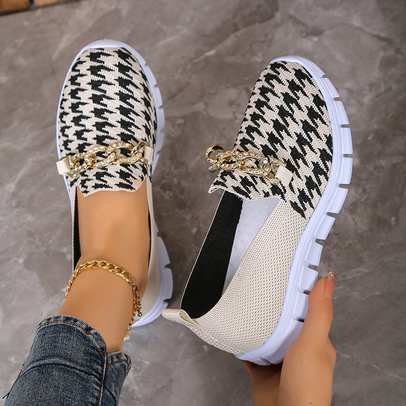 Lässige Hahnentrittmuster-Ketten-Mesh-Schuhe Sommer-Wandersport-Flachschuhe Damen Atmungsaktive Slipper