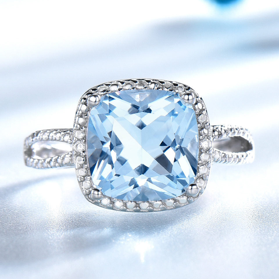 Bijoux de Mode Européens et Américains Bague en Argent Sterling Topaze Bleu Ciel Bague Passe-partout Bijoux