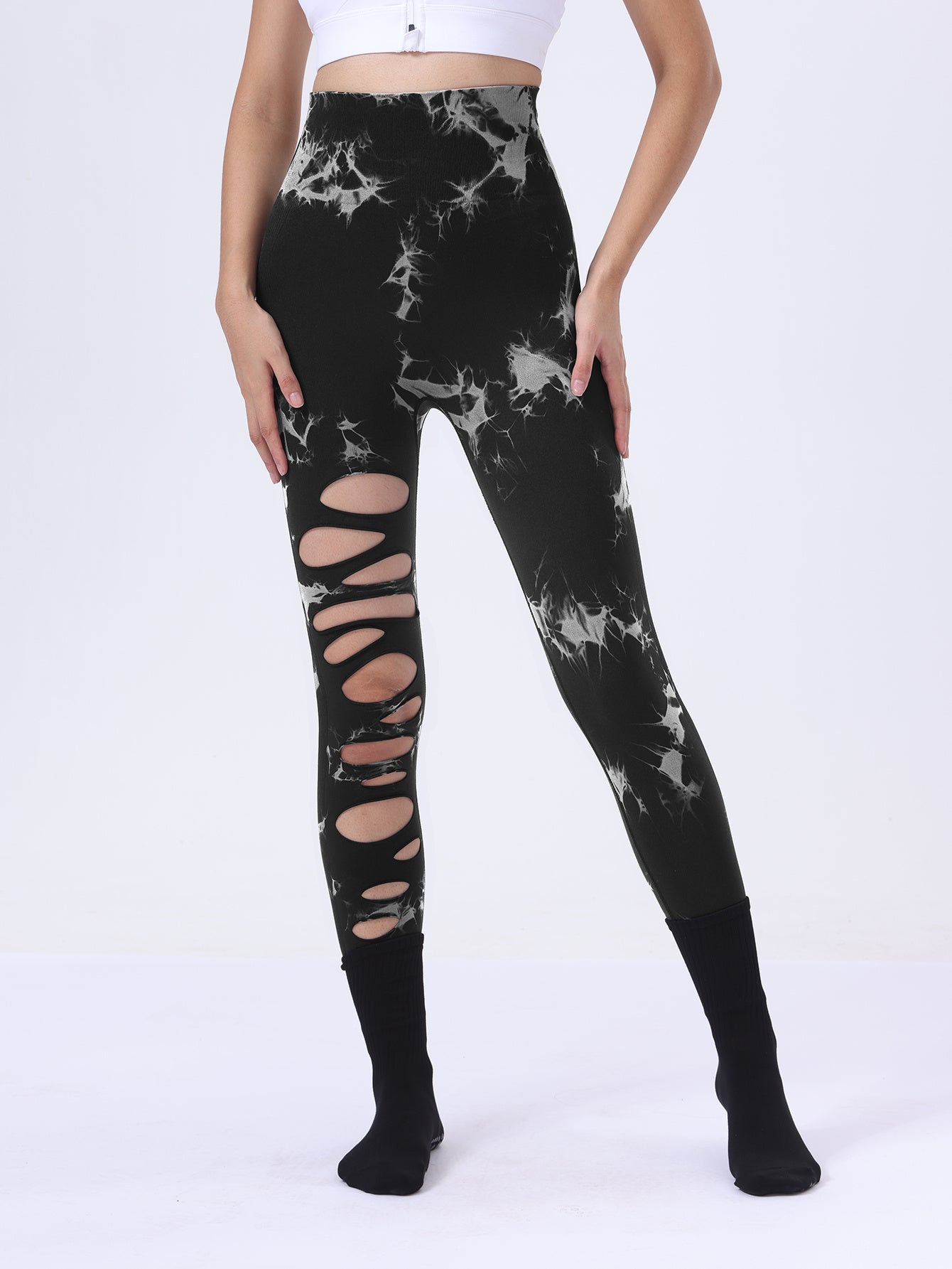 Po-Lifting-Yoga-Fitness-Sporthose, ausgehöhlte Bauchkontrolle-Sport-Leggings mit Batikmuster, Laufhose