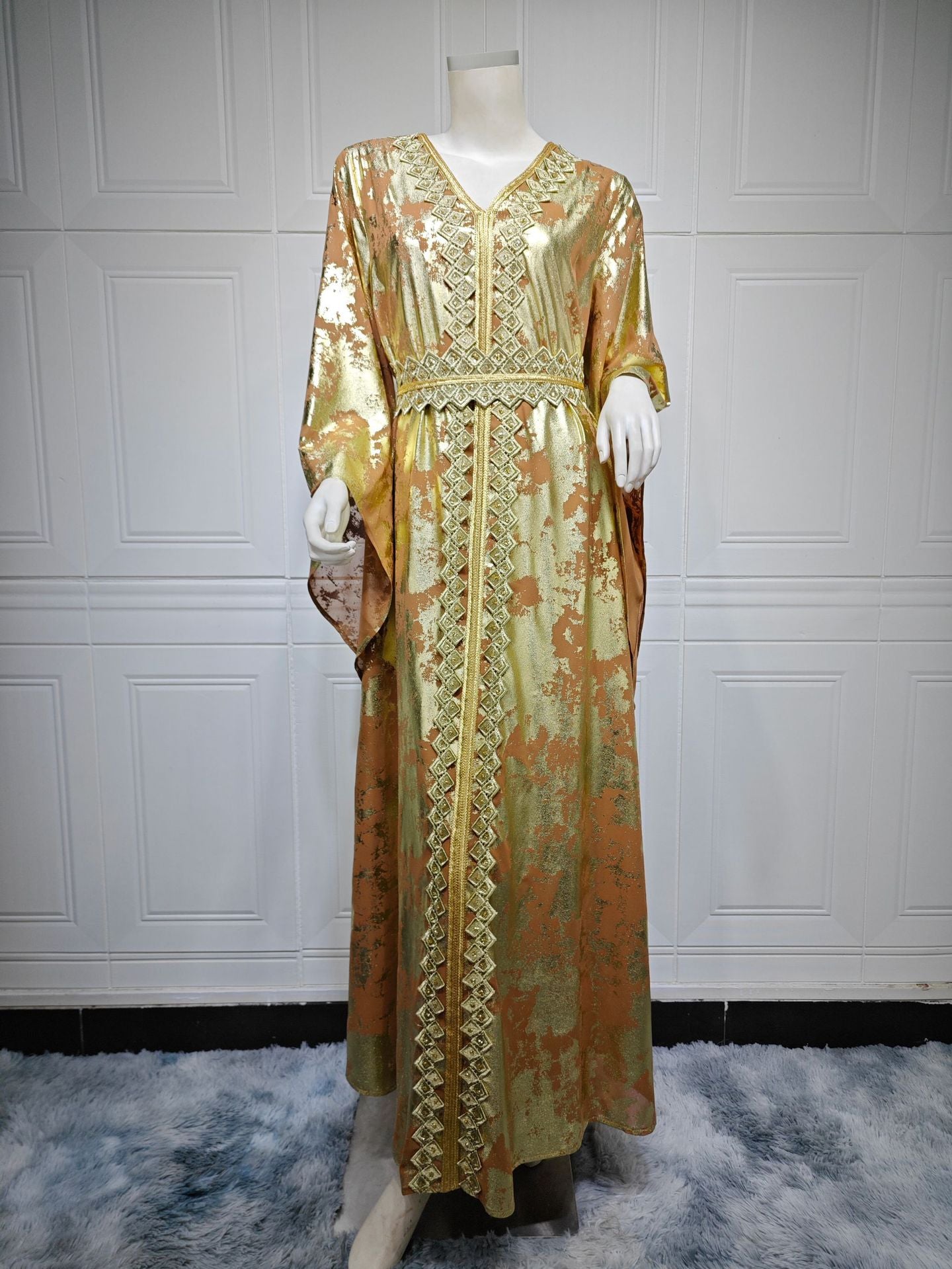 Stylish Muslim Chiffon Bronzing Robe Containing Belt Dress for Everyd