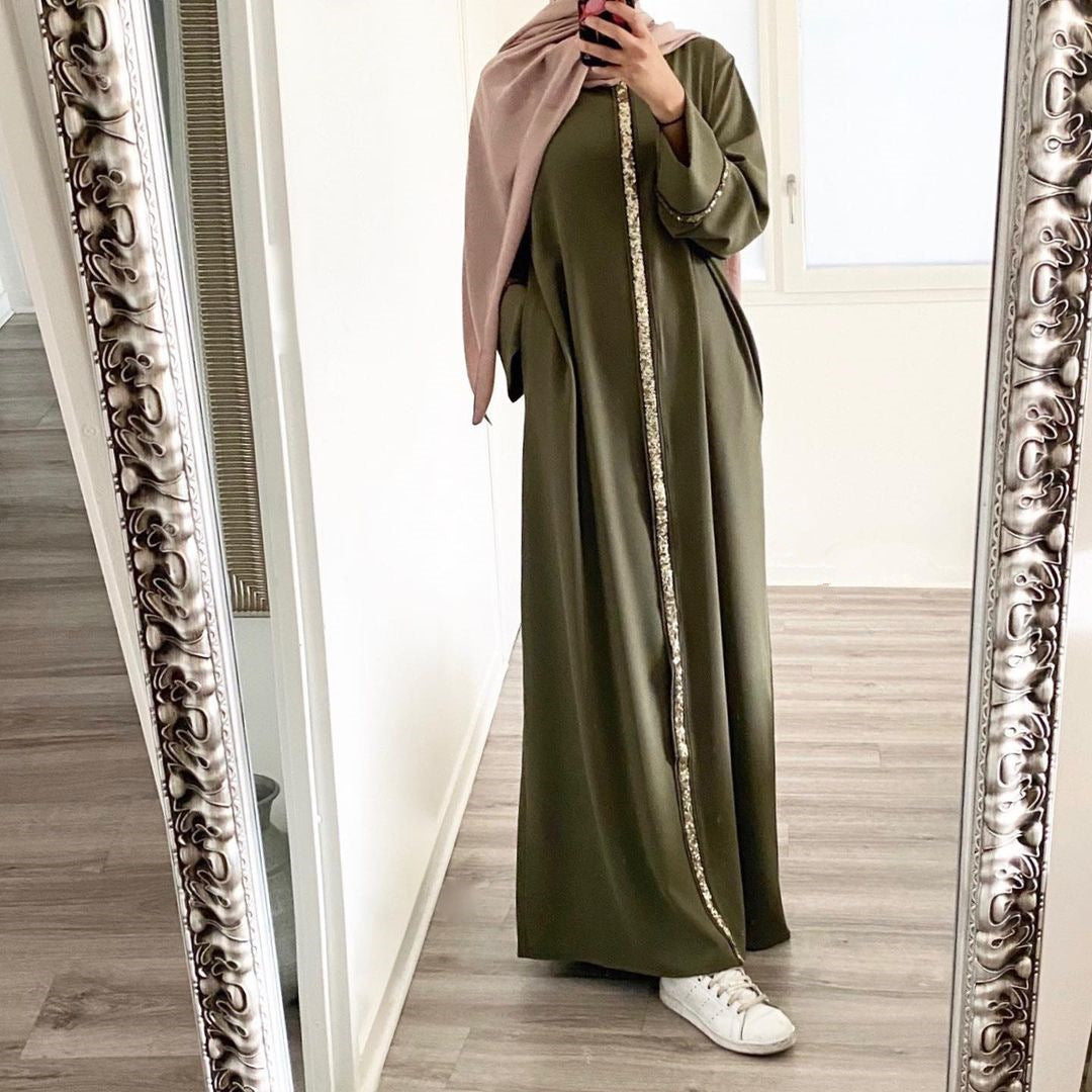 Stylish Muslim Women'S Wear Robe Stitching Trim Sequins Dress for Eve