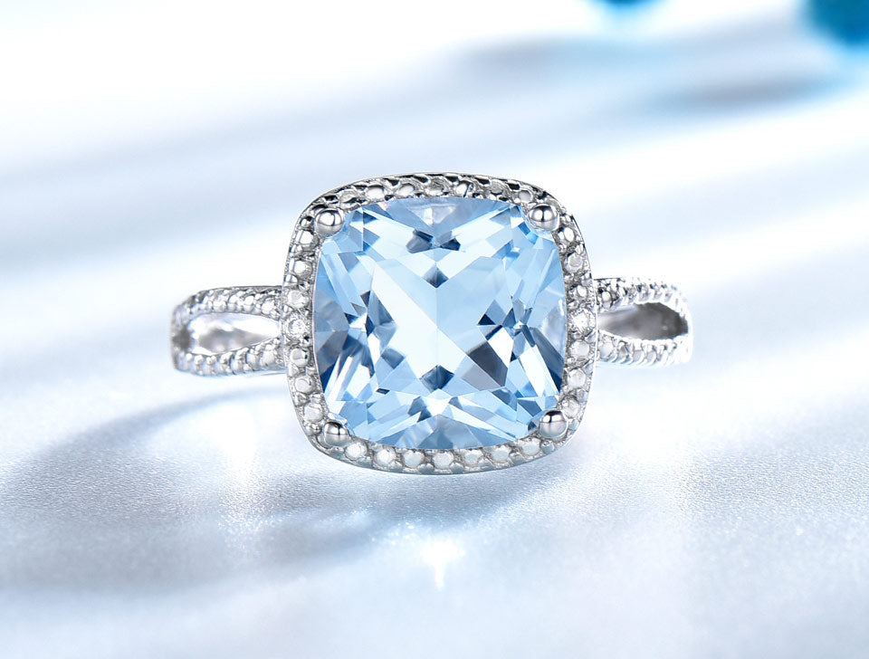 Bijoux de Mode Européens et Américains Bague en Argent Sterling Topaze Bleu Ciel Bague Passe-partout Bijoux