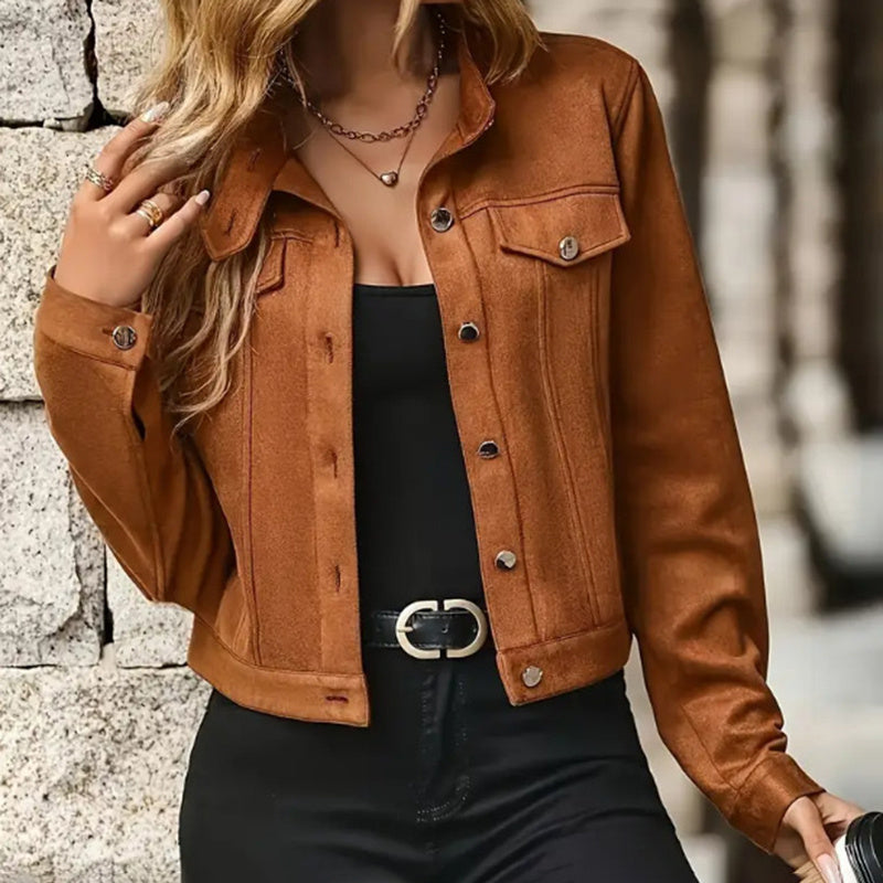Chic Women'S Faux Suede Cropped Jacket, Vintage Stand Collar Short Co