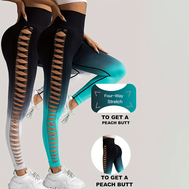 2er-Pack ausgeschnittene Ombre-Farbverlaufsfarben, hohle, hoch taillierte Po-Lifting-Fitness-Yogahosen für Damen, hoch taillierte Yogahosen für Damen mit Aussparungen, zerrissen, superweich und bequem, schmal