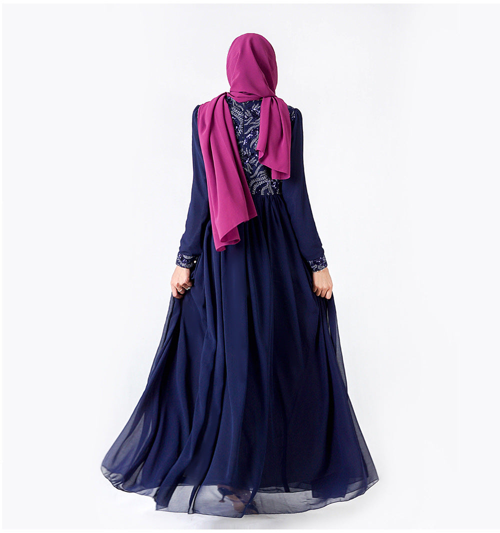 Robe longue musulmane brodée en dentelle à manches longues