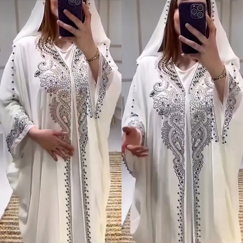 Stylish Rhinestone Beaded Muslim Long Gown African Hooded Dress for E