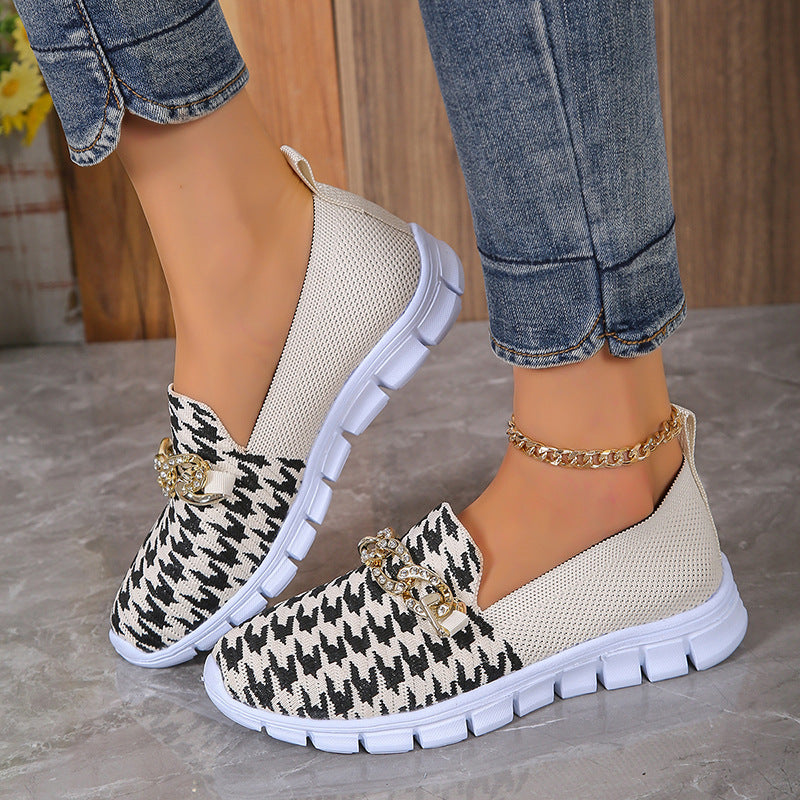 Lässige Hahnentrittmuster-Ketten-Mesh-Schuhe Sommer-Wandersport-Flachschuhe Damen Atmungsaktive Slipper