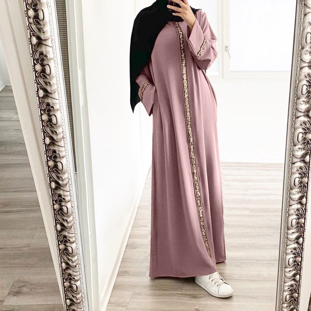 Stylish Muslim Women'S Wear Robe Stitching Trim Sequins Dress for Eve