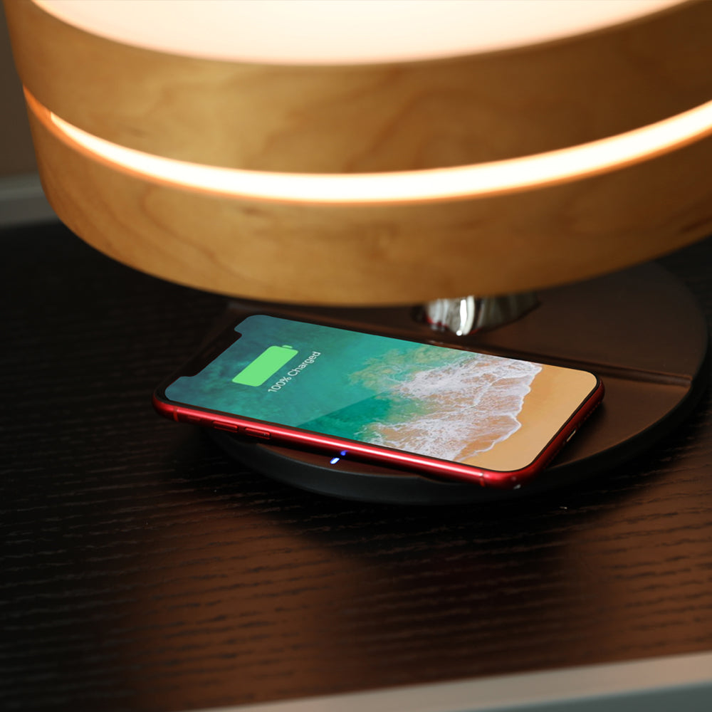 Lampe de chevet connectée intelligente et ronde avec haut-parleur Bluetooth, arbre lumineux LED WiFi et chargeur sans fil pour salon