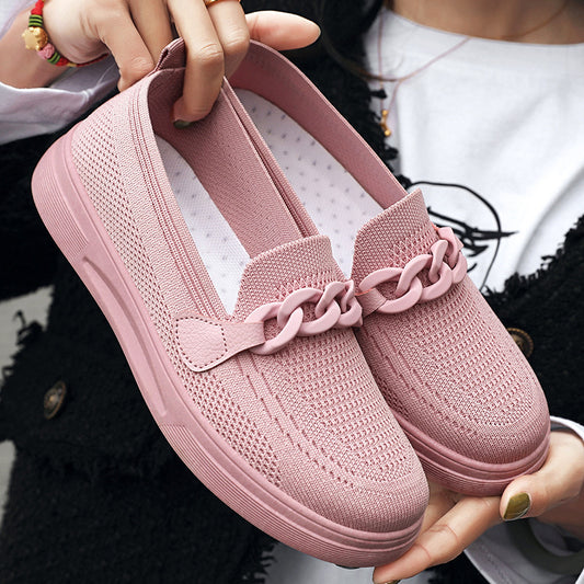 Flache Schuhe mit Kette für Damen, bequeme Slip-On-Schuhe mit runder Spitze
