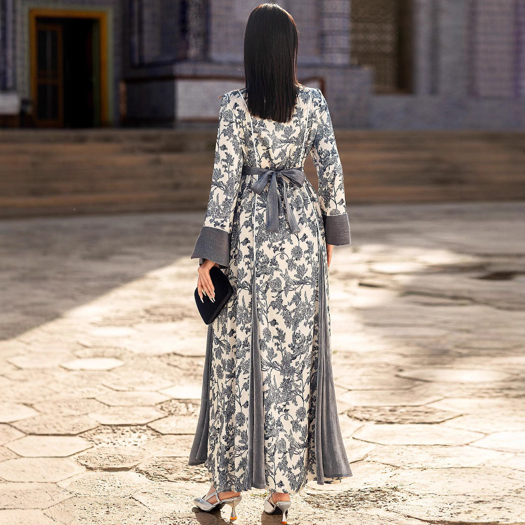 Robe musulmane en satin imprimé à col en V