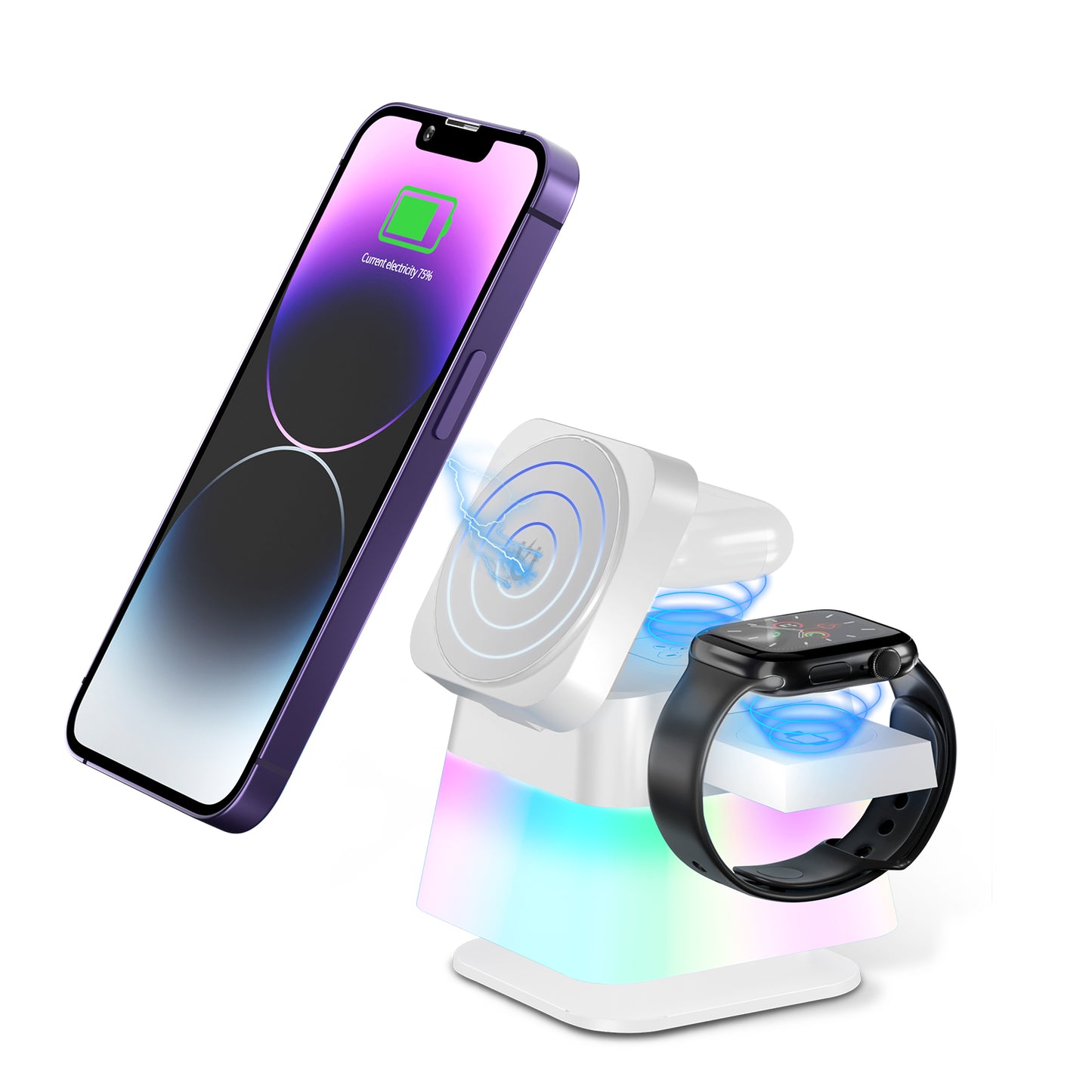 Support de chargeur sans fil 4 en 1 rotatif et lumineux pour téléphone 15 14 13 12 Pro Max 8 7 Station de charge rapide magnétique