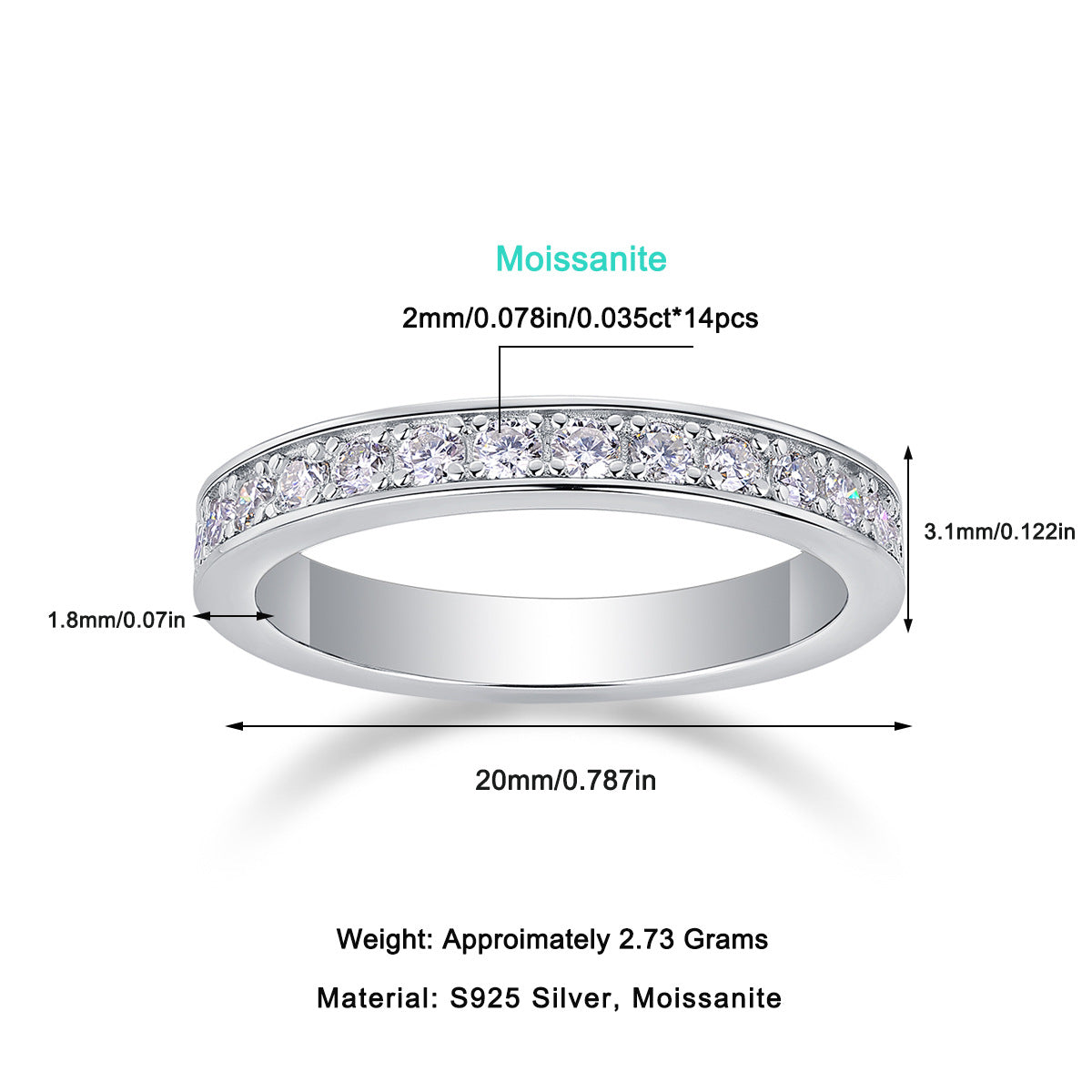 Silver ring with moissanite stones and measurements on a white background