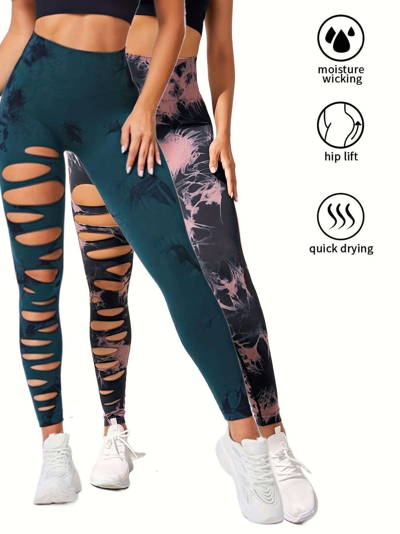 2er-Pack hohle, sexy, hochelastische Damen-Strumpfhosen mit Batikmuster und Ausschnitten, hohe Taille, Workout-Yoga-Leggings, elastische Scrunch-Po-Lifting-Hose, Bauchkontrolle, Po-Lifting, Workout-Yoga-Sporthose