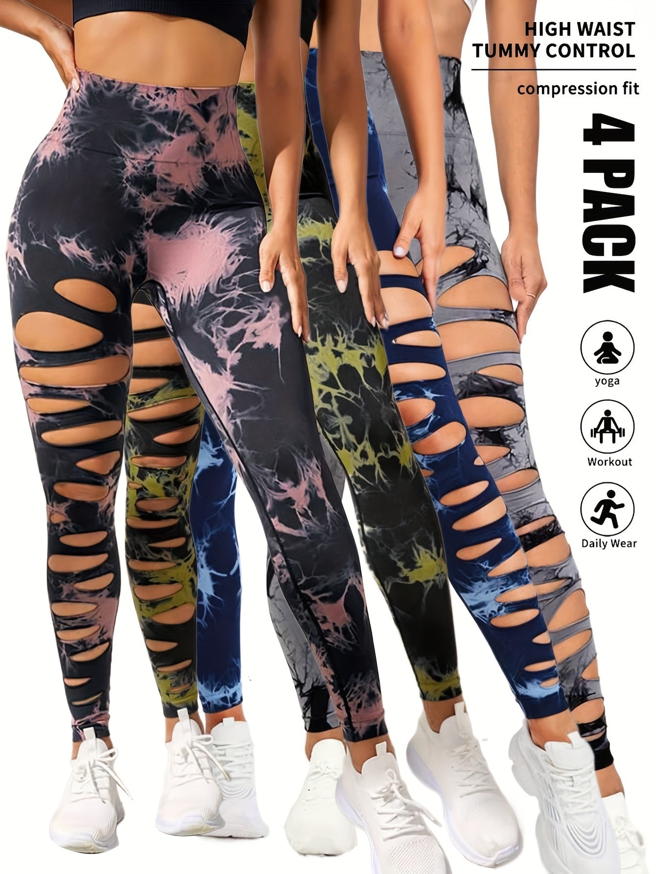 4er-Pack Batik-Workout-Leggings für Damen, hohe Taille, nahtlos, Scrunch Butt Lifting, Gym-Yogahose, elastische Hose
