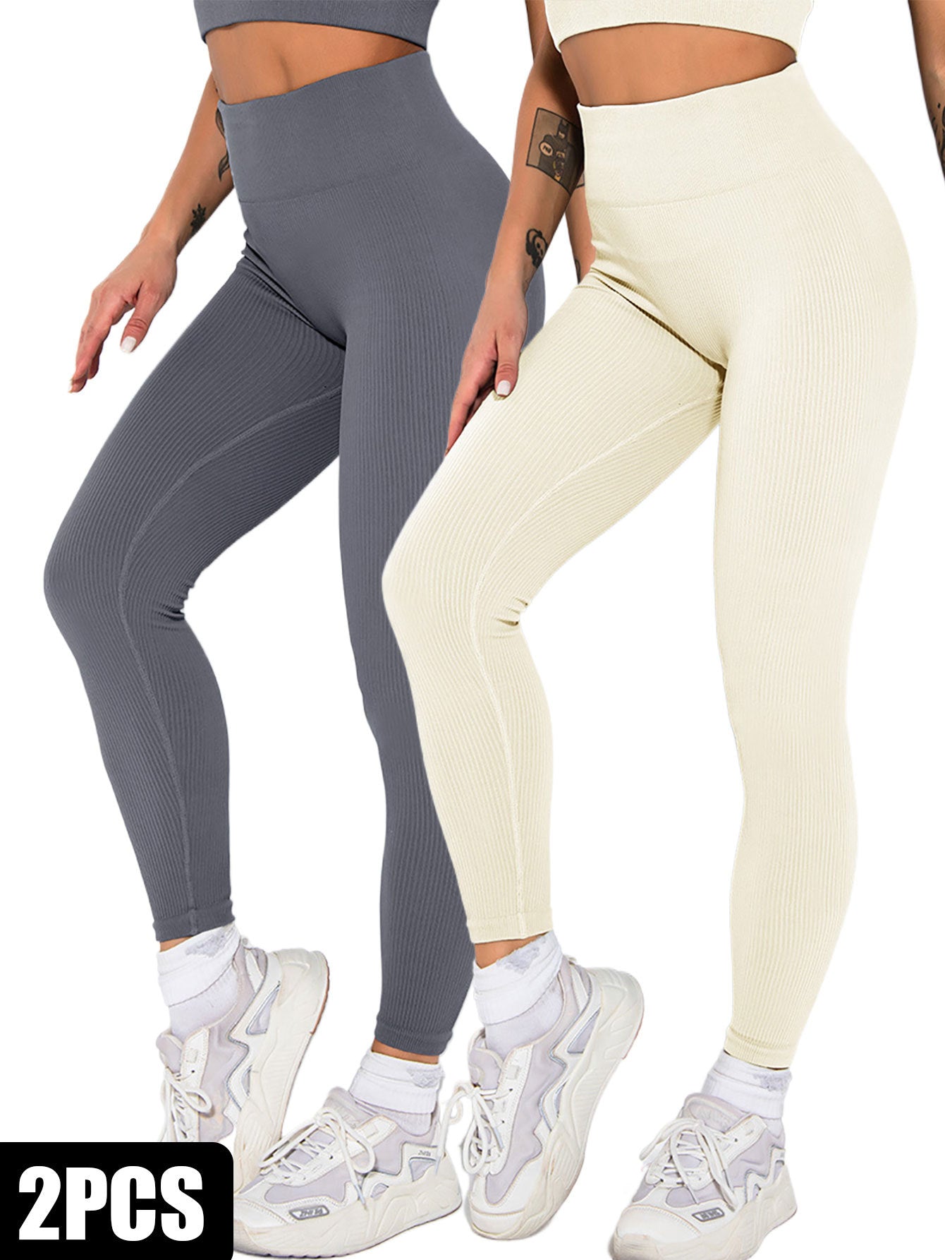 2er-Pack nahtlose gerippte Leggings für Damen, weiche, schlankmachende Yogahosen, gerippte Yogahosen, hohe Taille, Fitnessstudio-Leggings, Sport, Frauen, Fitness, nahtlos, weiblich