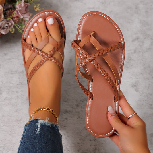 Kreuzgewebte Design-Zehentrennersandalen Sommer flache Schuhe Frauen Flip-Flops Slides Casual Vacation Beach Hausschuhe