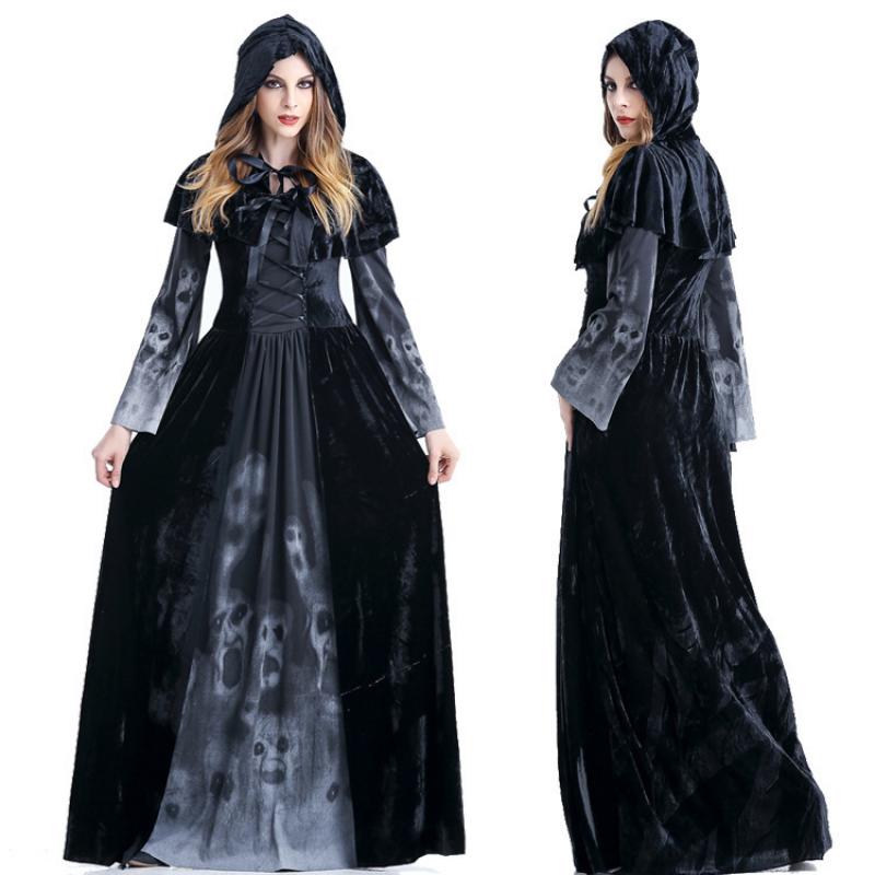 Halloween Femmes Médiéval Gothique Sorcière Maléfique Horreur Peur Costume Cosplay Fête Carnaval Fantôme Longue Robe Noire à Capuche
