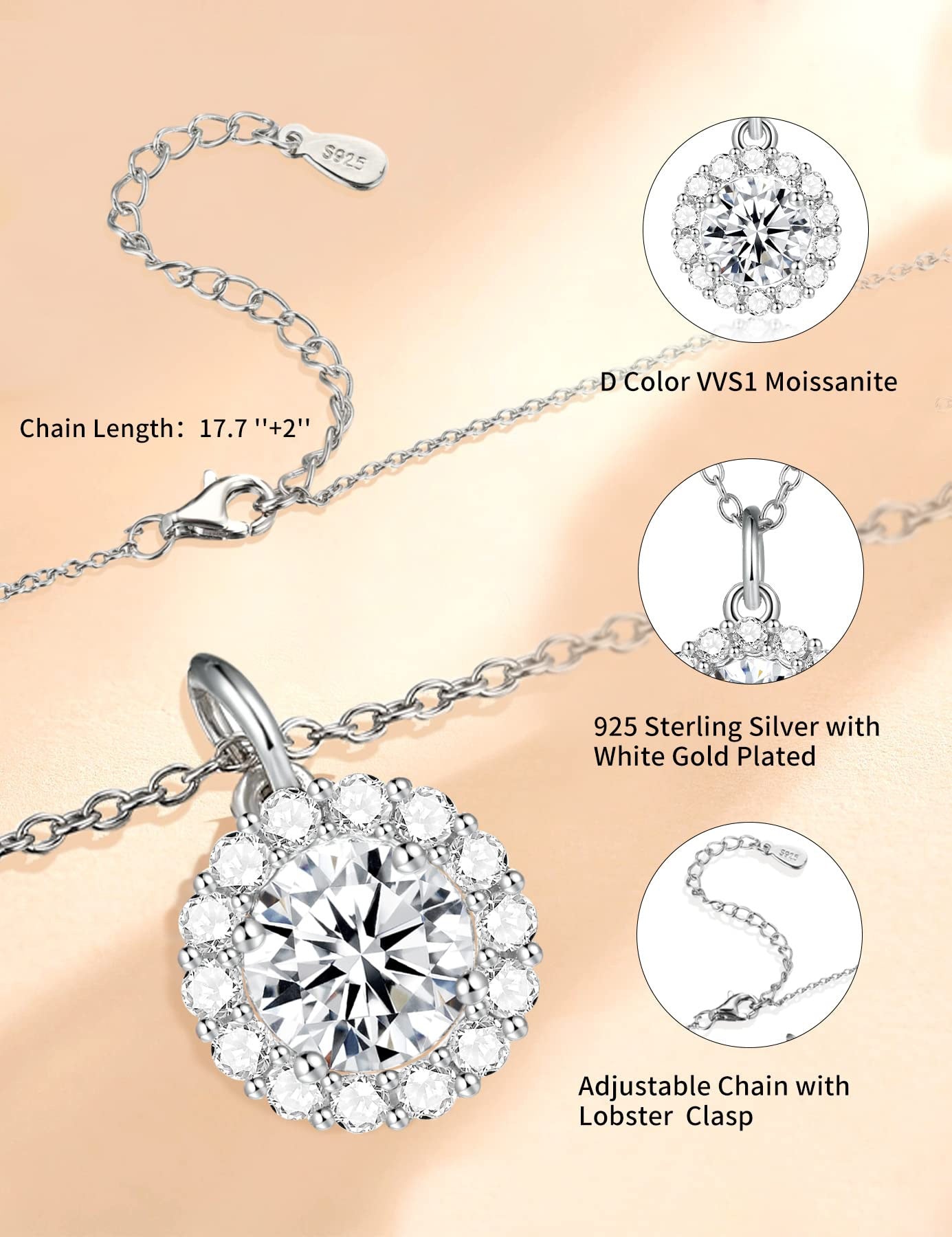 Silver necklace with a round pendant on a beige background, featuring detailed specifications.