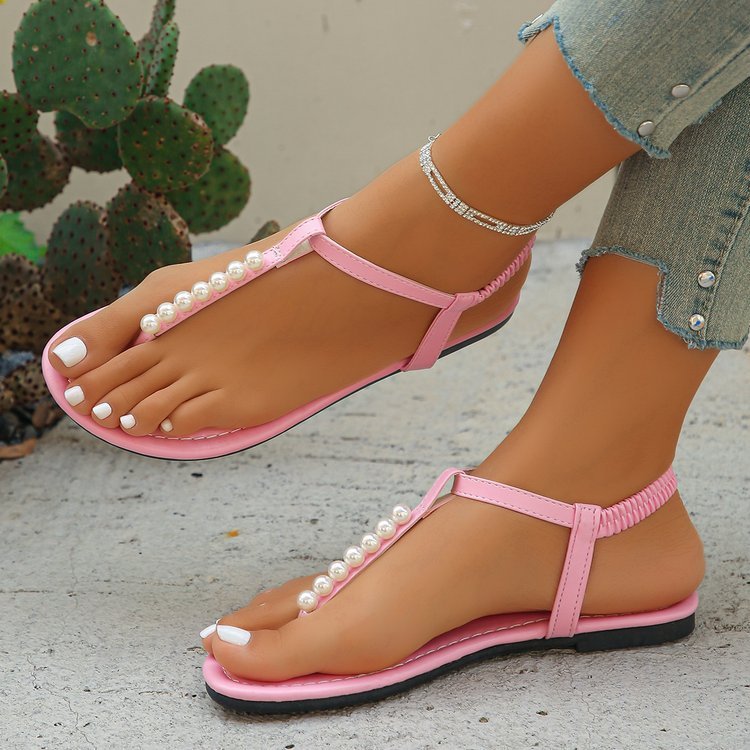 Perlen-Zehentrenner-Sandalen, Sommermode, T-Riemen, flache Sandalen mit Gummiband, Strandschuhe für Damen