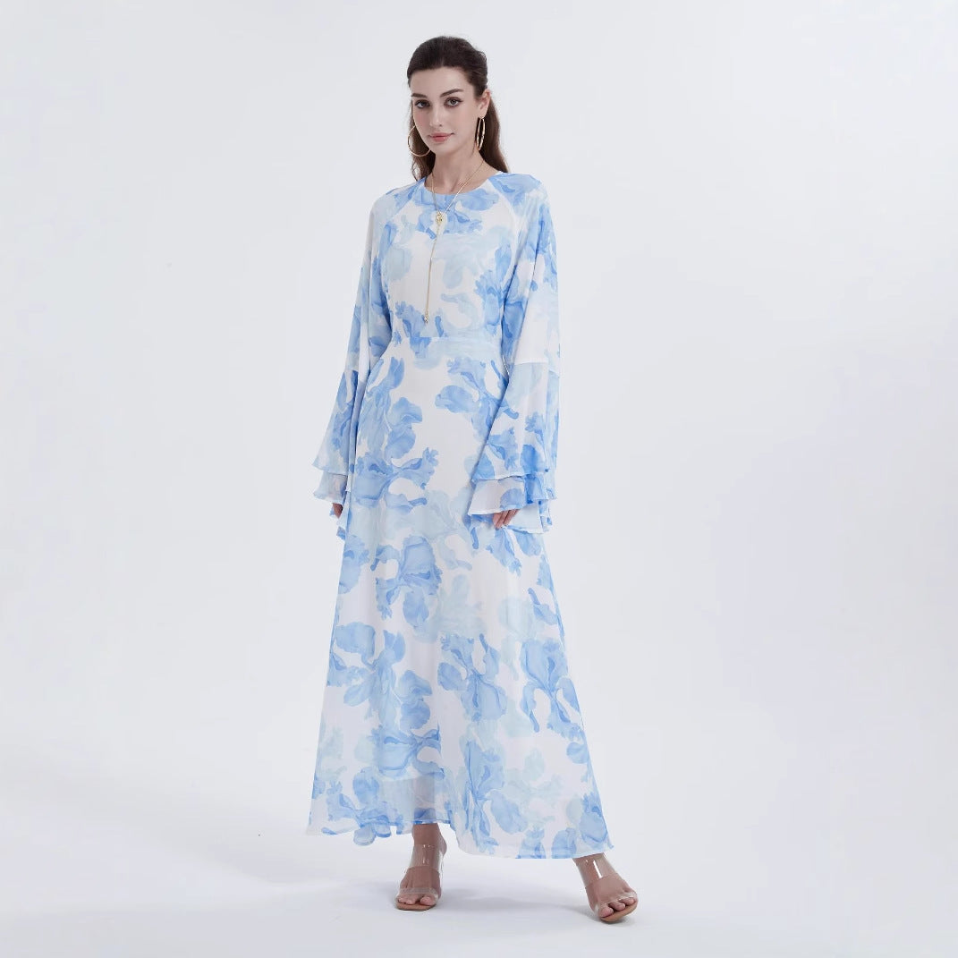 Muslimisches Chiffonkleid mit bedruckten Glockenärmeln