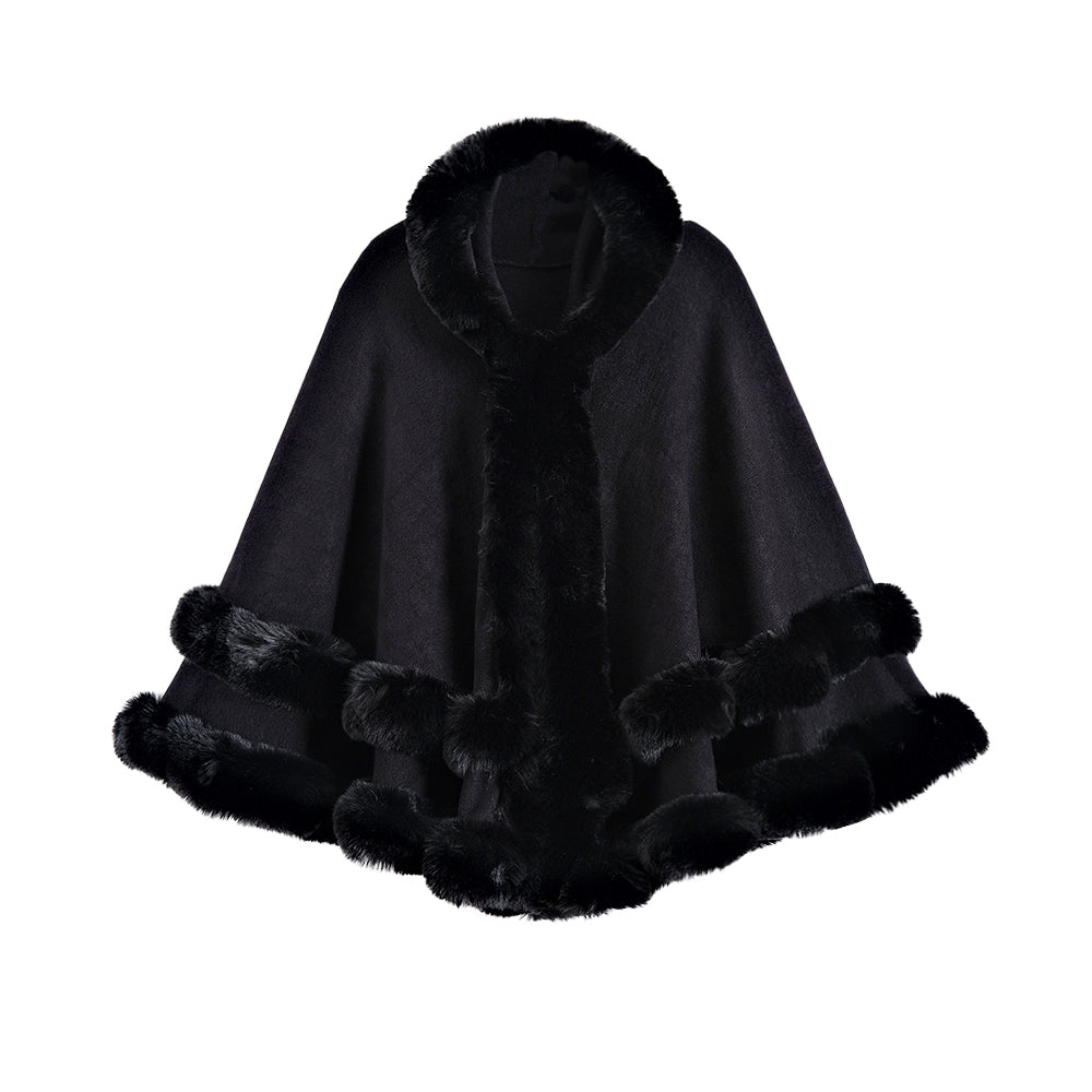 Oversized Knitted Cape Outer Shawl Artificial Fur Collar Hooded Warm Jacket