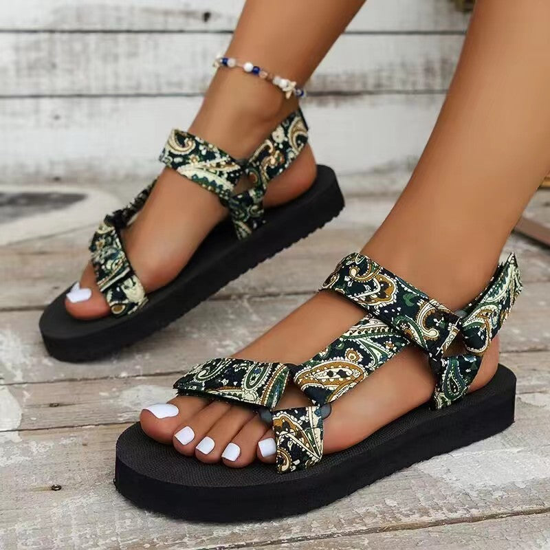Sandales à imprimé velcro, style ethnique d'été, plates et épaisses, chaussures de plage décontractées pour femmes