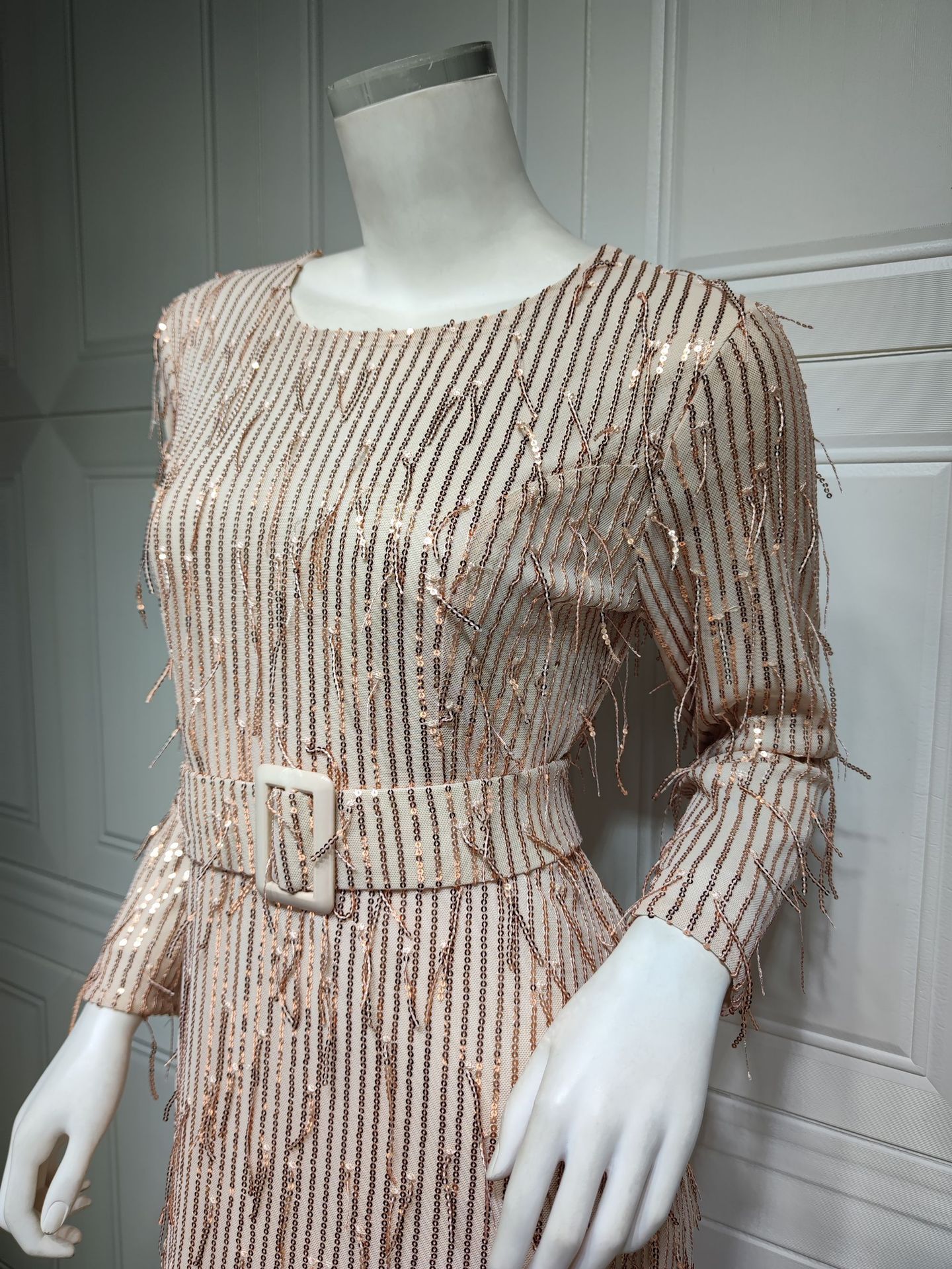Robe Musulmane Slim à Paillettes et Pompons