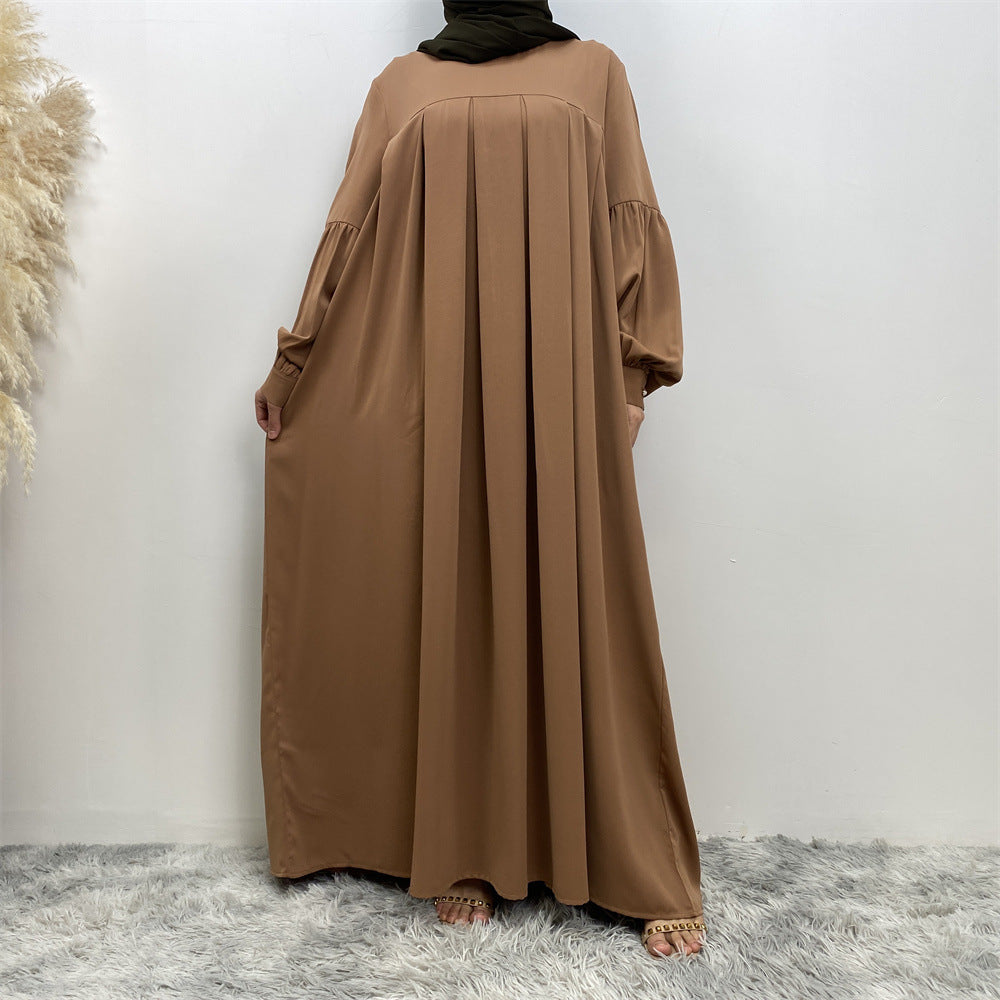 Robe musulmane plissée unie à col rond