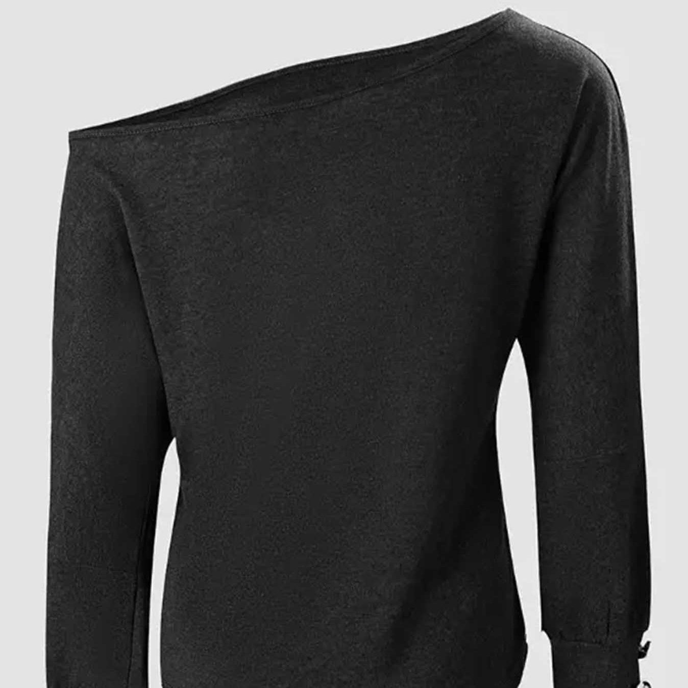 Damenmode Neues schulterfreies, langärmliges, lässiges Top-T-Shirt mit Knopf 