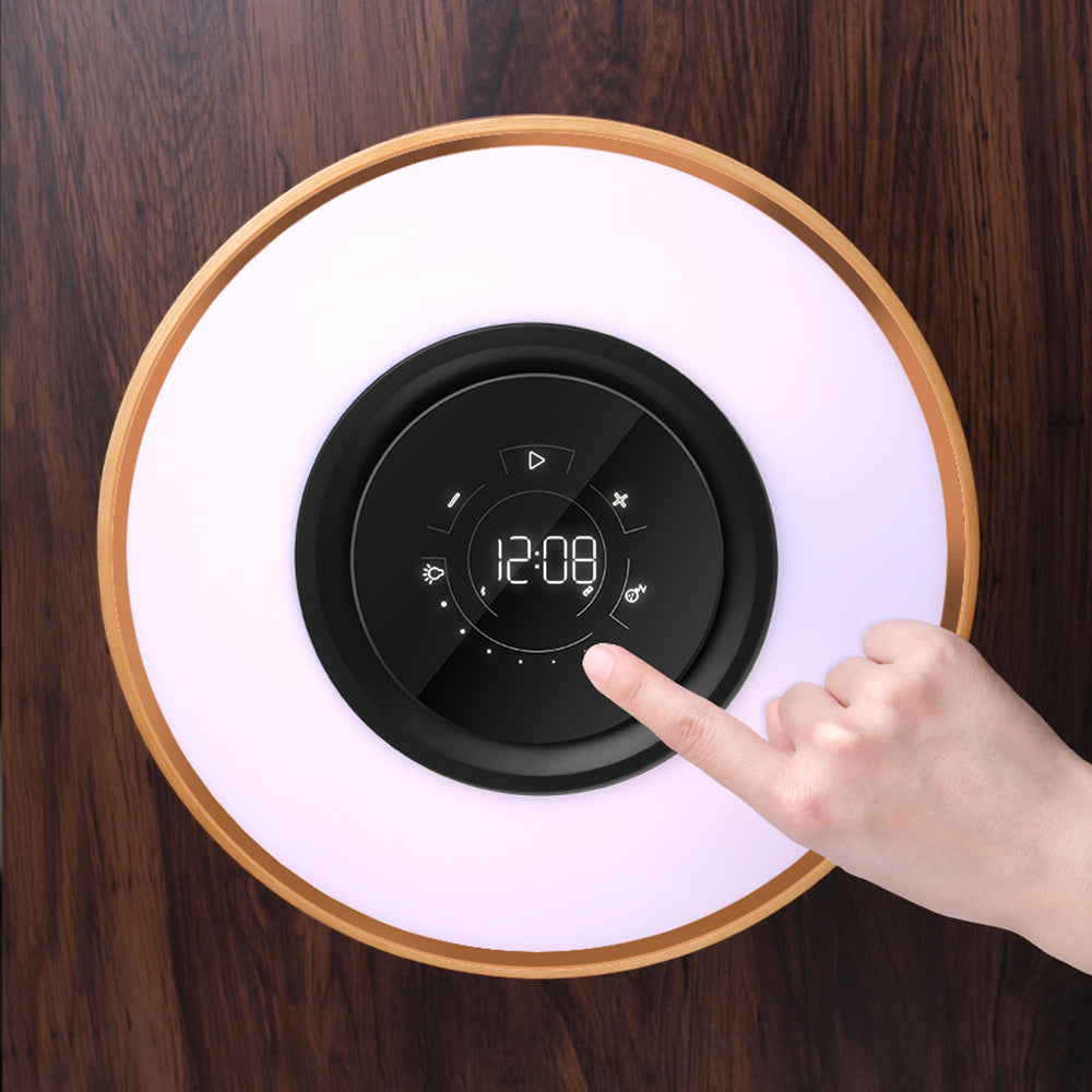 Lampe de chevet connectée intelligente et ronde avec haut-parleur Bluetooth, arbre lumineux LED WiFi et chargeur sans fil pour salon