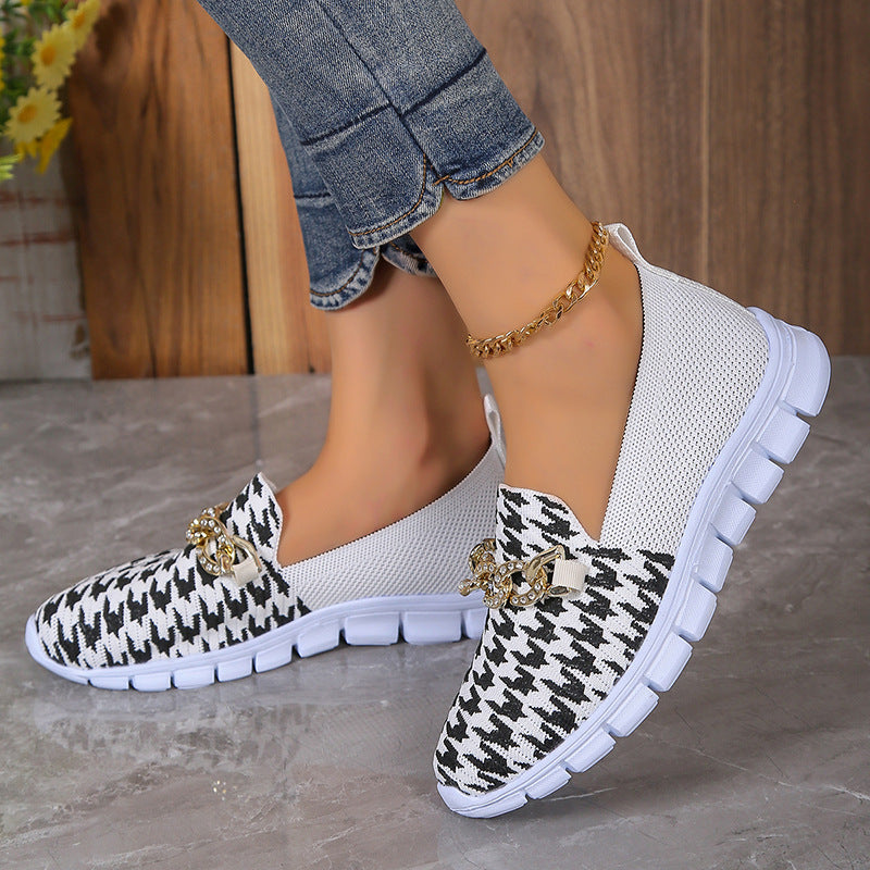 Lässige Hahnentrittmuster-Ketten-Mesh-Schuhe Sommer-Wandersport-Flachschuhe Damen Atmungsaktive Slipper