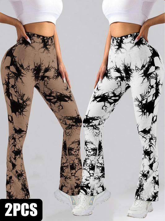 2er-Pack Batik-Leggings mit hoher Taille, ausgestellt, Po-Lifting, Fitness, Sport, Yoga, Schlaghosen für Damen, Workout-Leggings für Damen, nahtlose Leggings zum Kneten des Po-Liftings