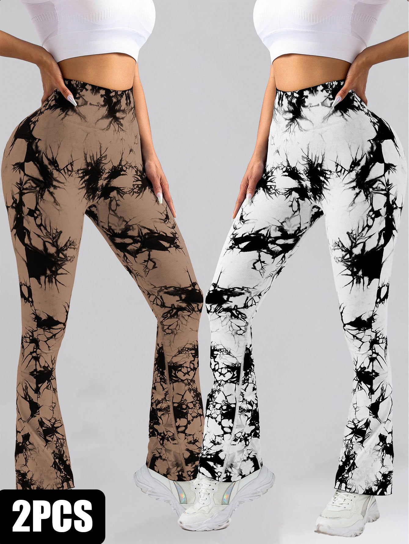 2er-Pack Batik-Leggings mit hoher Taille, ausgestellt, Po-Lifting, Fitness, Sport, Yoga, Schlaghosen für Damen, Workout-Leggings für Damen, nahtlose Leggings zum Kneten des Po-Liftings