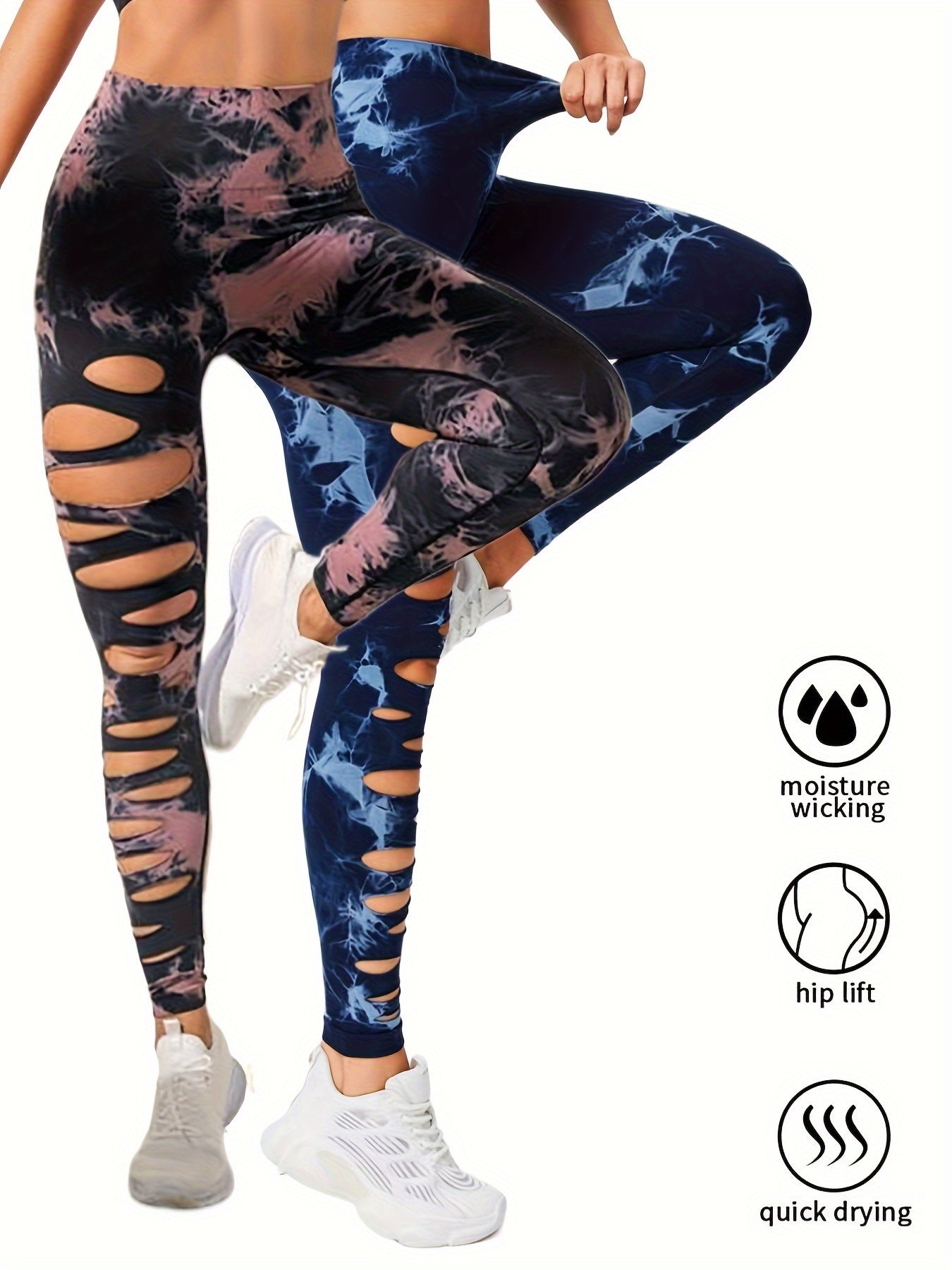 2er-Pack hohle, sexy, hochelastische Damen-Strumpfhosen mit Batikmuster und Ausschnitten, hohe Taille, Workout-Yoga-Leggings, elastische Scrunch-Po-Lifting-Hose, Bauchkontrolle, Po-Lifting, Workout-Yoga-Sporthose