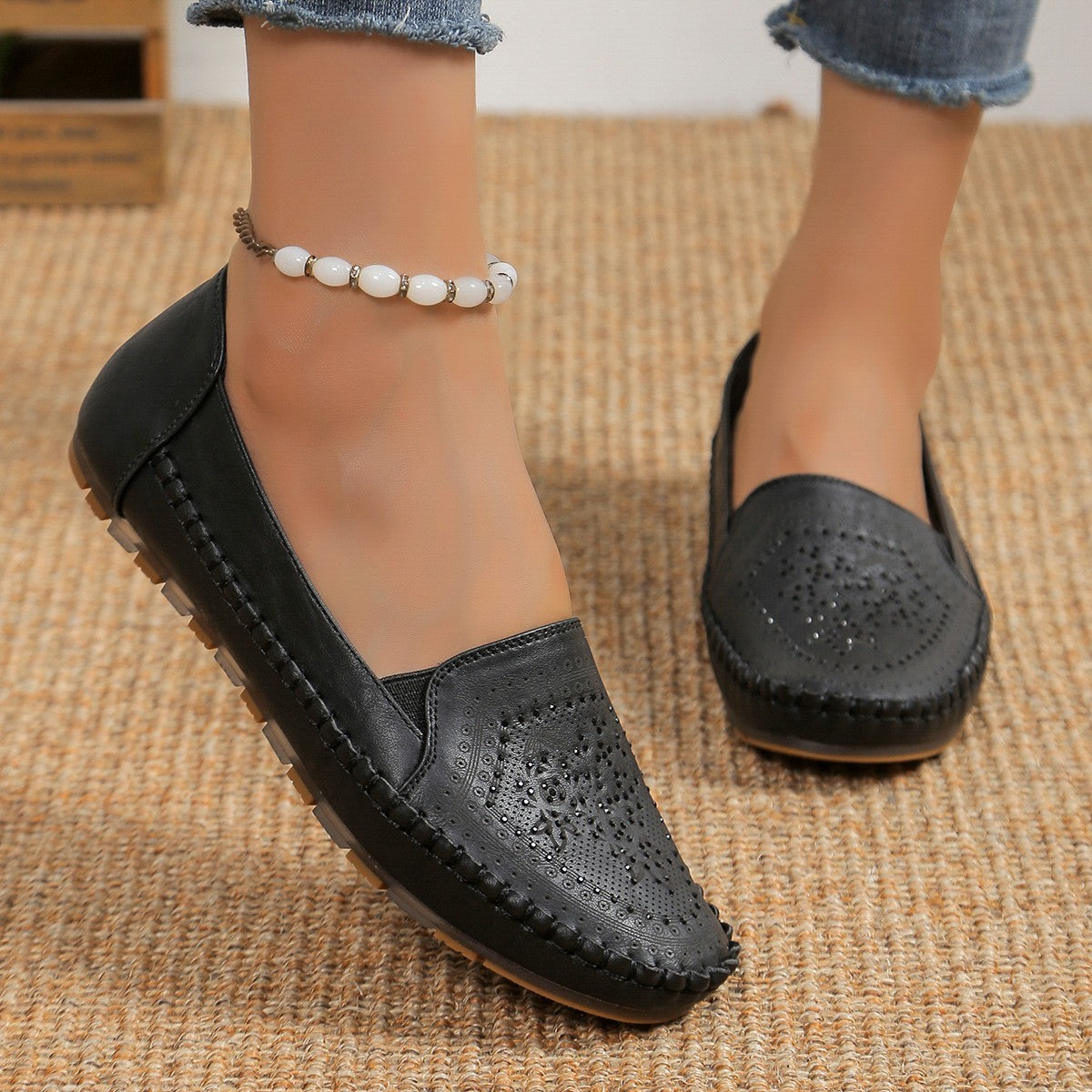 Chaussures décontractées pour femmes, cousues à la main, couleur unie, Gommino