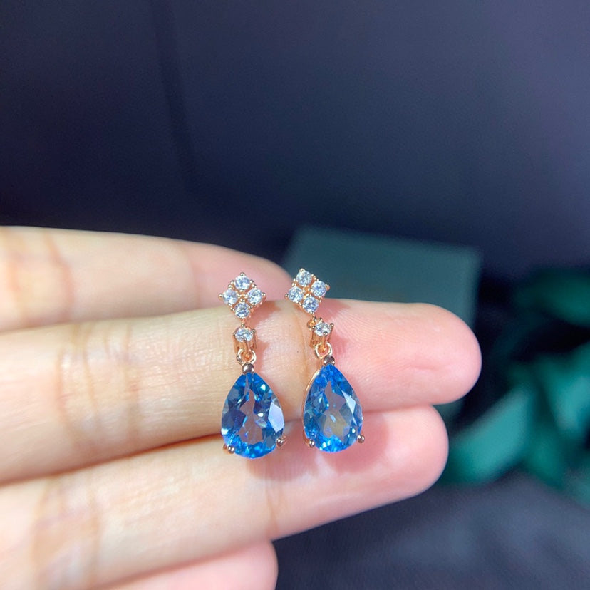 Boucles d'oreilles femme en topaze bleue naturelle