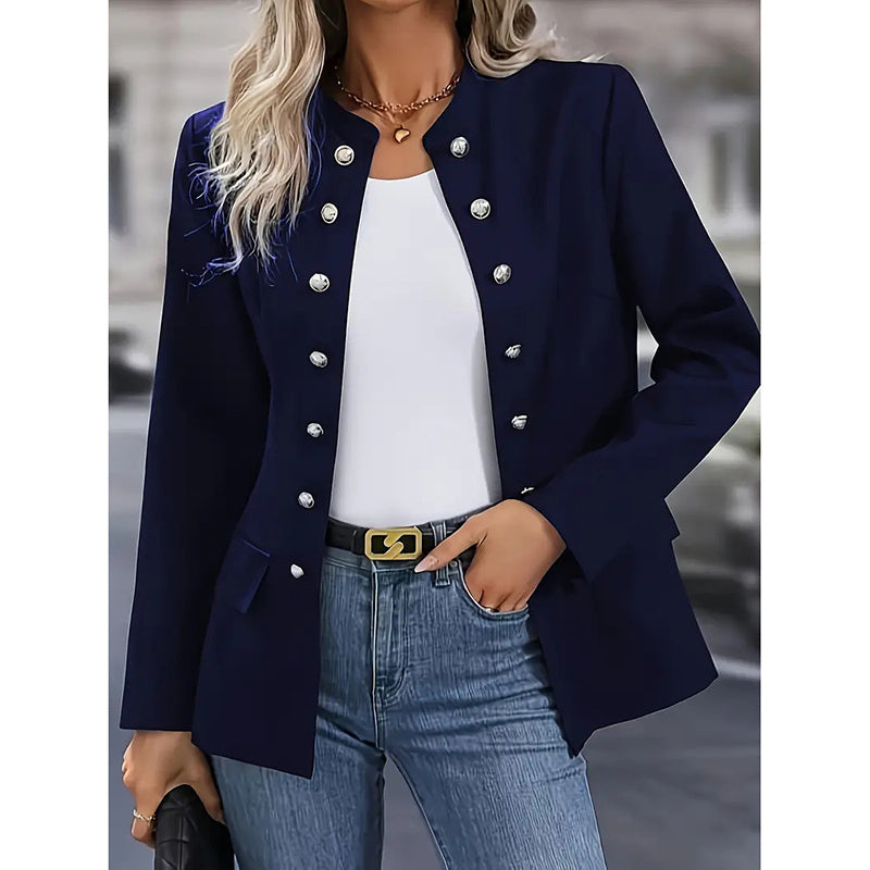 Women's Open Front Mock Neck Double Breasted Long Sleeve Blazer Business Jacket