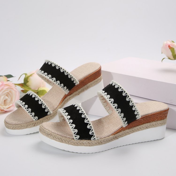 Neue Keilpantoffeln aus Hanfseil im Ethno-Stil, doppelt breite Riemchenschuhe für Damen