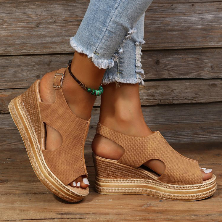 Peep Toe Sandalen Frauen Keilabsatz Plattform Schnalle Schuhe Sommer